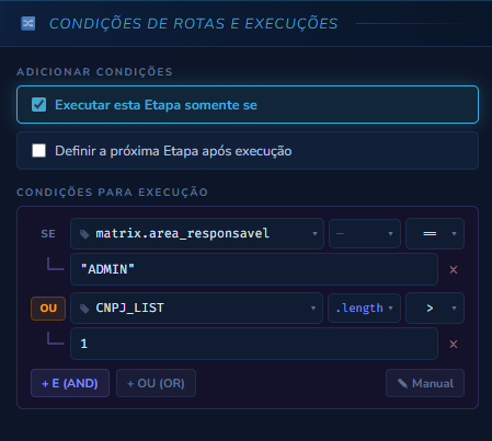 Painel Condições de Rotas e Execuções com Executar esta Etapa somente se ativado