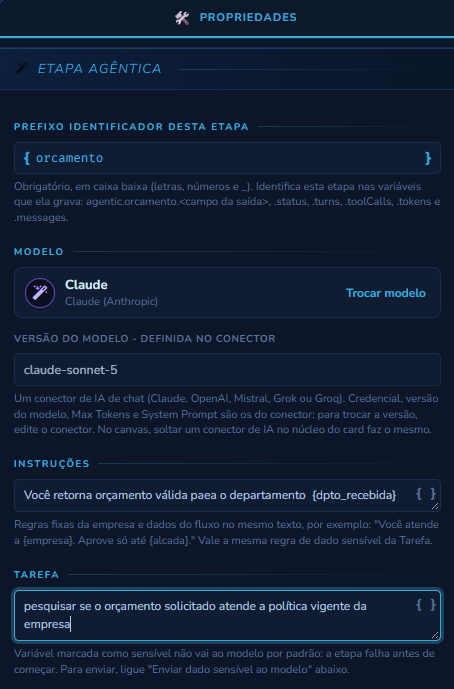 Painel da Etapa Agêntica com o Prefixo Identificador desta Etapa orcamento, o cartão do modelo Claude com Trocar modelo, a Versão do modelo claude-sonnet-5 definida no conector, as Instruções com a variável dpto_recebida e a Tarefa