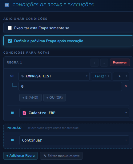 Configuração das rotas de uma etapa de Decisão.