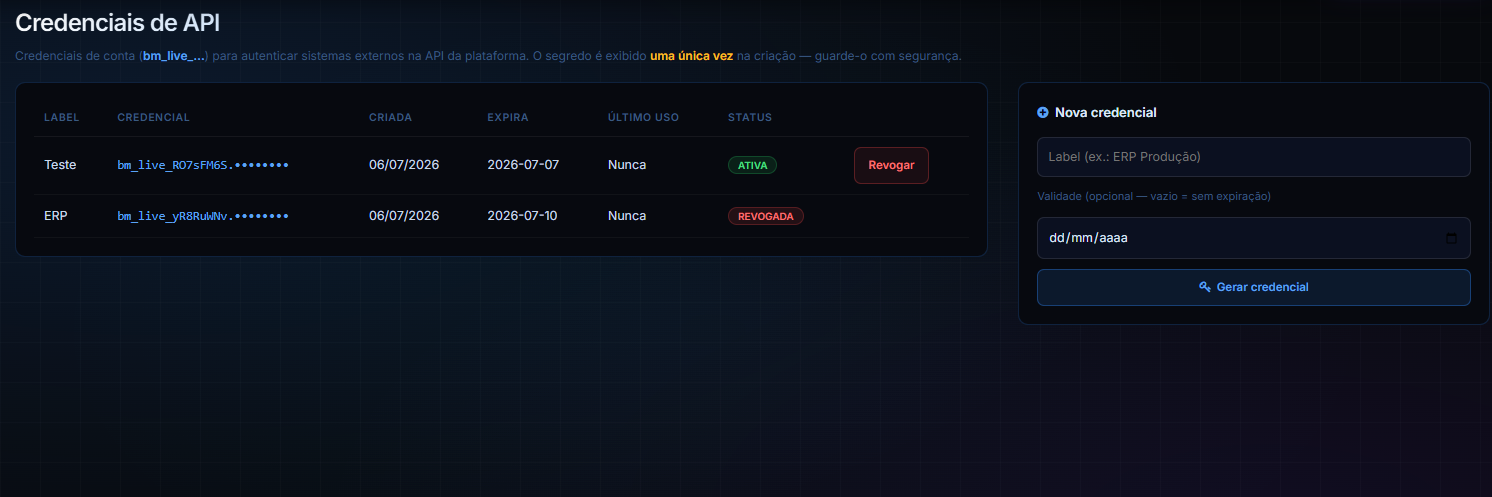 Tela Credenciais de API, com a lista de credenciais e o painel de criação.