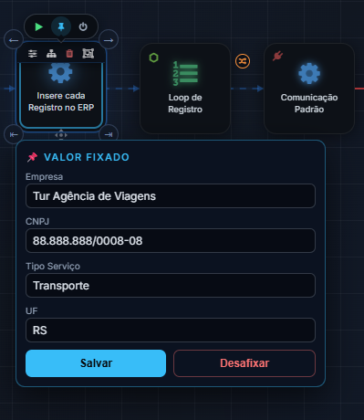 Editor de valor fixado aberto abaixo do card