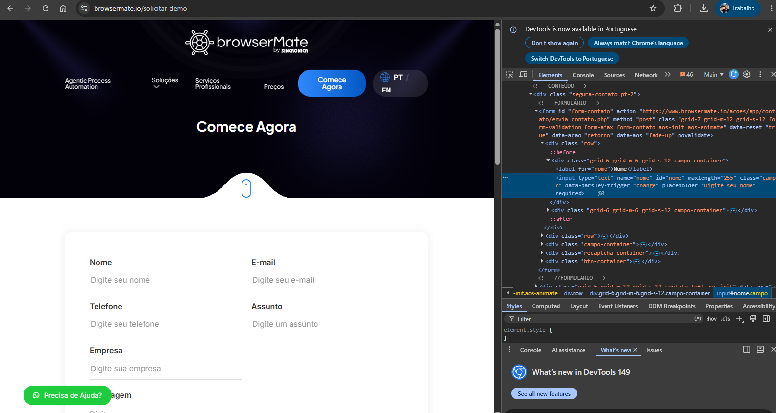DevTools do Chrome com um campo de formulário inspecionado e a trilha de seletores no rodapé