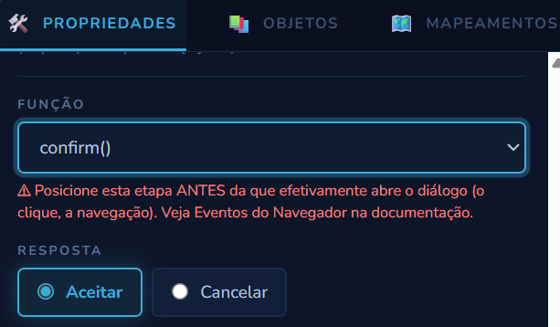 Campo Função com confirm() selecionado e o campo Resposta com Aceitar/Cancelar