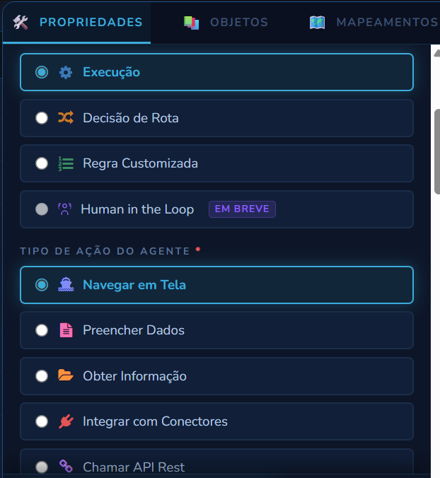 Aba Propriedades da etapa com Navegar em Tela selecionado em Tipo de Ação do Agente