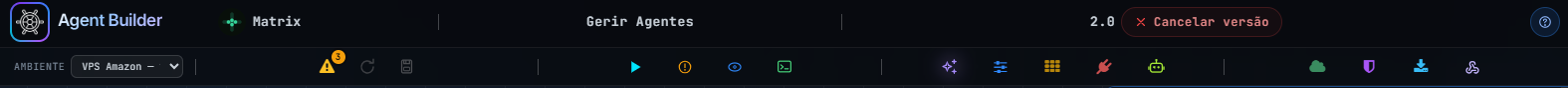 As duas fileiras do cabeçalho do Agent Builder: em cima o avatar e o nick Matrix, o processo Gerir Agentes, a versão 2.0 e Cancelar versão; embaixo o AMBIENTE, as pendências com o número 3, salvar, os controles de execução e os atalhos dos painéis, com Agentes ao lado de Conectores