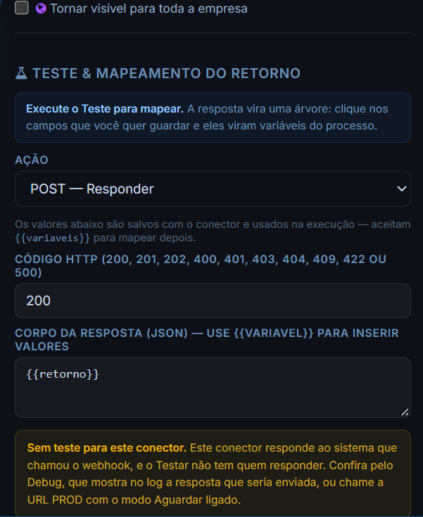 Configuração do conector Webhook Response