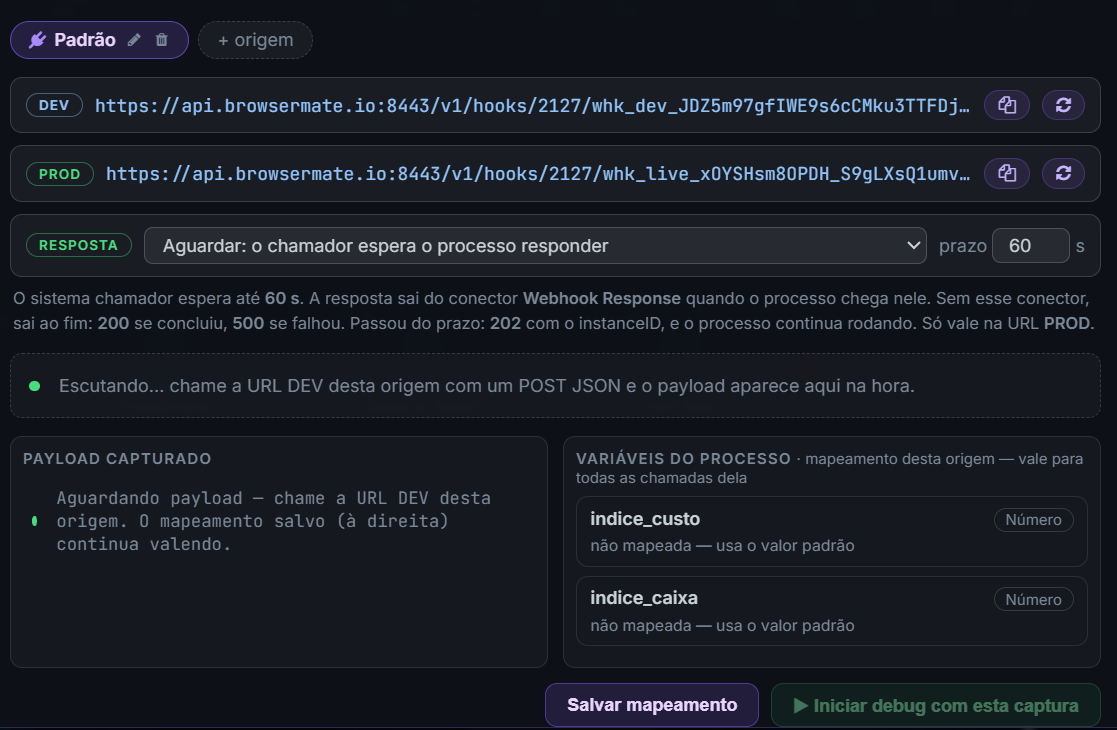Modal de webhook com a linha RESPOSTA em modo Aguardar
