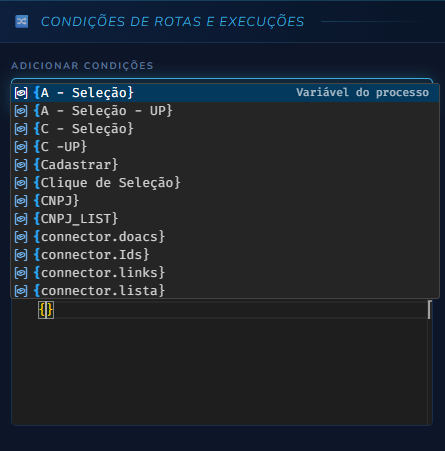 Autocomplete de variáveis do processo ao digitar chave no editor manual