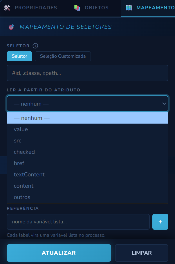 Mapeamento de Seletores de uma etapa Obter Informação