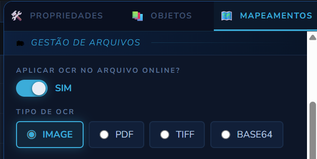 Seção Gestão de Arquivos de um mapeamento Obter Informação: Aplicar OCR no arquivo online ativado, e Tipo de OCR mostrando as opções IMAGE, PDF, TIFF e BASE64