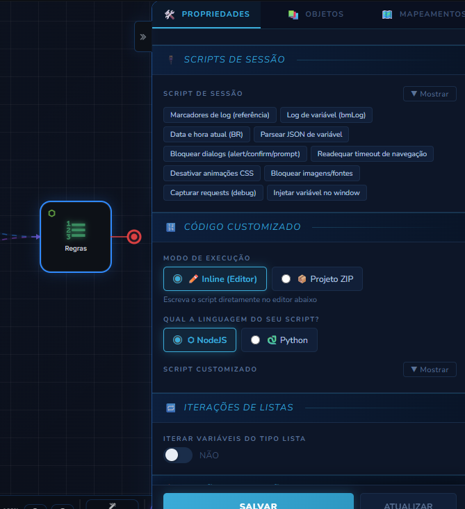 Painel da etapa de Regra Customizada com os blocos Scripts de Sessão, Código Customizado e Iterações de Listas