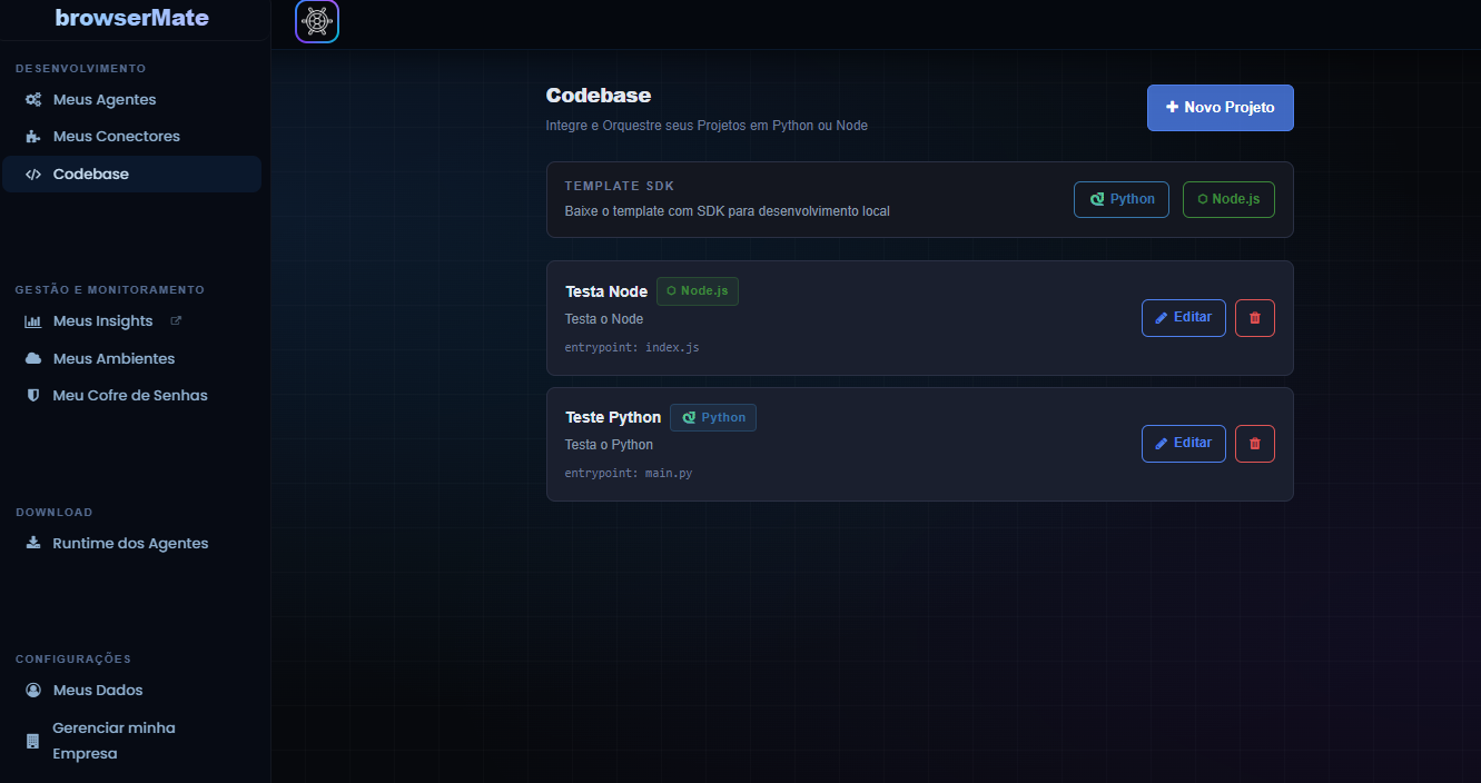 Codebase: projetos Python e Node.js enviados à plataforma.