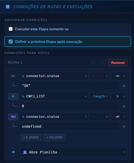 Builder visual de Condições para Rotas com múltiplas regras combinadas