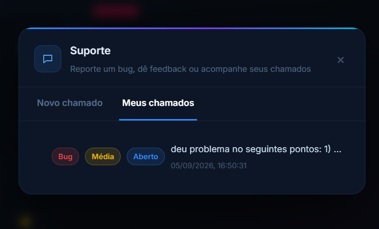 Lista de chamados abertos pelo usuário, com tipo, severidade e status