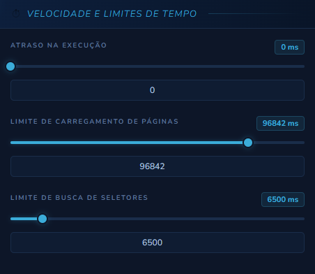 Painel Velocidade e Limites de Tempo do cadastro do agente