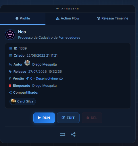 Card do agente com versão em desenvolvimento e bloqueio