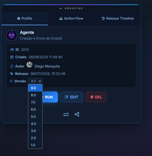 Seletor de versão aberto com o histórico de releases
