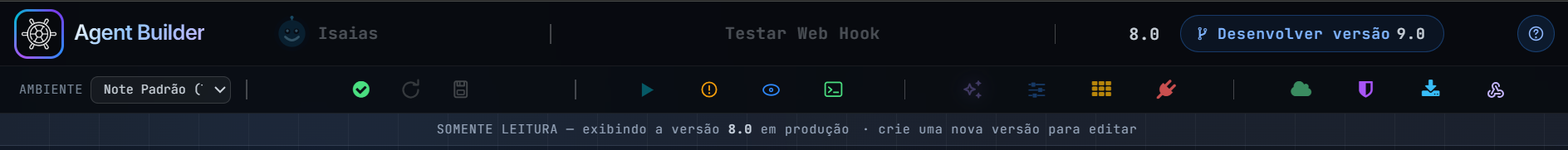 Agent Builder em somente leitura, com a faixa no topo e o botão Desenvolver versão no cabeçalho