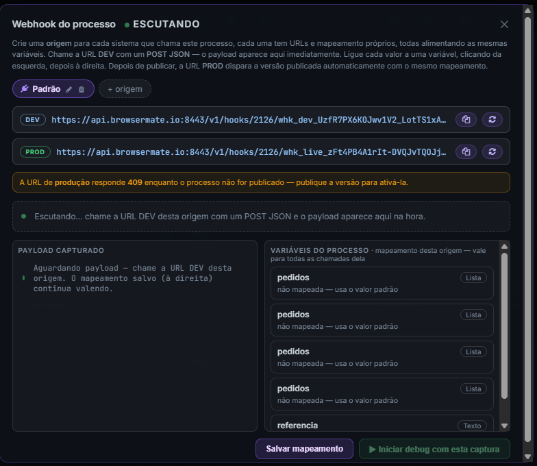 Modal de webhook com as URLs DEV e PROD